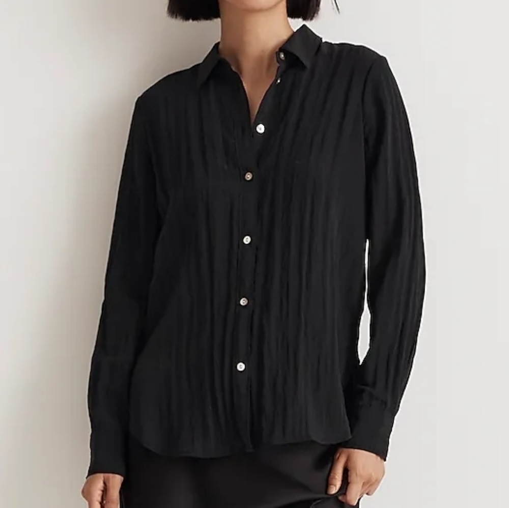 Madewell Crinkled Button-Up Shirt in True Black‎ size XS NWT NN598